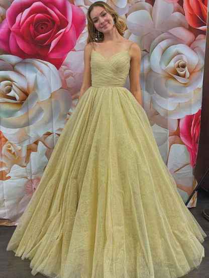Champagne A Line Spaghetti Straps V Neck Tulle Long Prom Dress