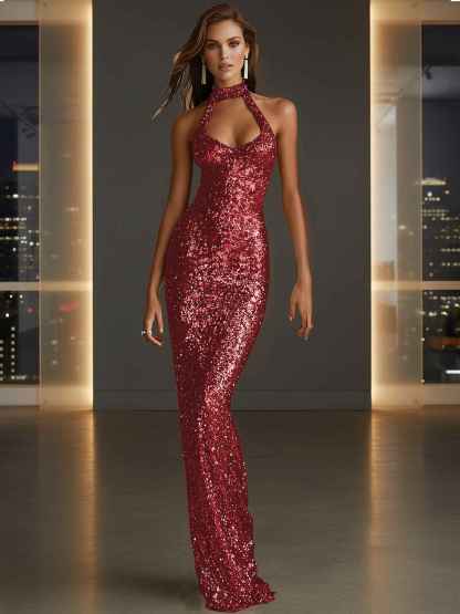 Glamorous Gold Sequin Halter Neck Mermaid Long Prom Dress