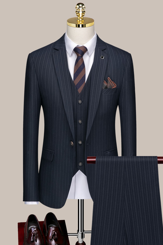 Dark Blue Striped Notched Lapel Three Pieces Formal Suits for Business-BMbridal