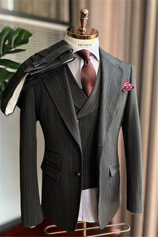 New Arrival Gray Striped Peaked Lapel Business Men Suits-BMbridal