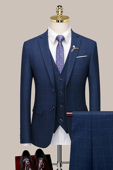 Navy Blue Plaid Close Fitting Fashion Formal Business Suit-BMbridal