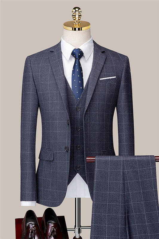 Gray Three Pieces Plaid Notched Lapel Bespoke Business Suits-BMbridal