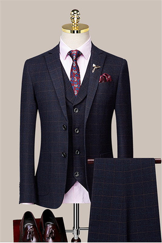 Navy Blue Plaid Peaked Lapel Slim Fit Men Suits-BMbridal