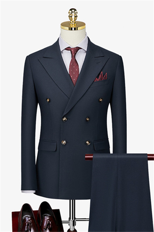 Dark Navy Double Breasted Peaked Lapel Stylish Business Suits-BMbridal