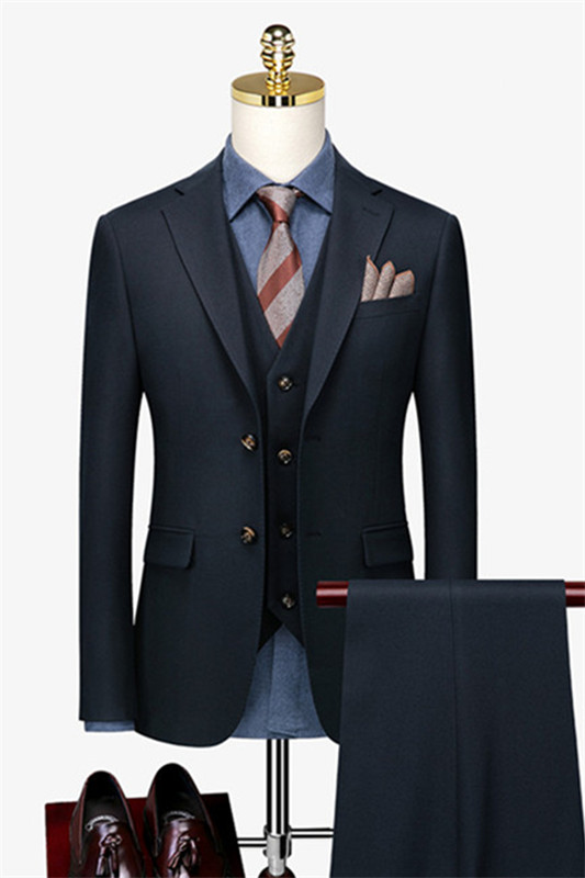 New Arrival Dark Navy Three Pieces Notched Lapel Business Suit-BMbridal
