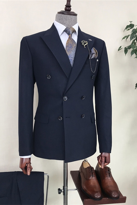 Formal Navy Blue Double Breasted Peaked Lapel Business Suits For Men-BMbridal