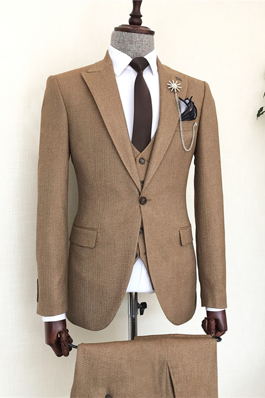 Bespoke Brown Peaked Lapel Three Pieces Men Suits For Business-BMbridal