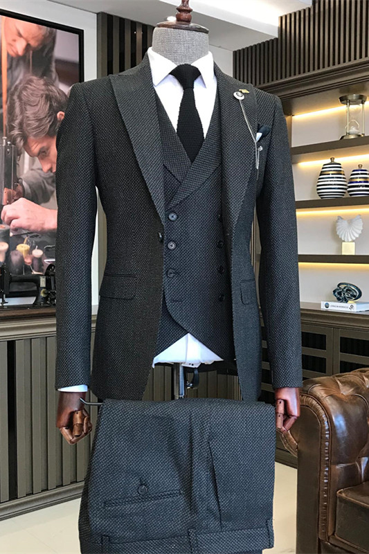 Bespoke Black Peaked Lapel Three Pieces Close Fitting Business Suits-BMbridal