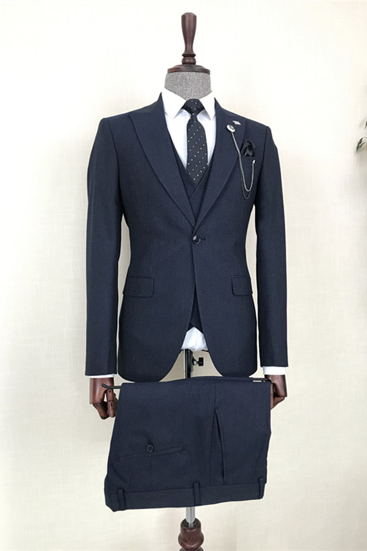 Formal Navy Blue Three Pieces Peaked Lapel Business Men Suits-BMbridal
