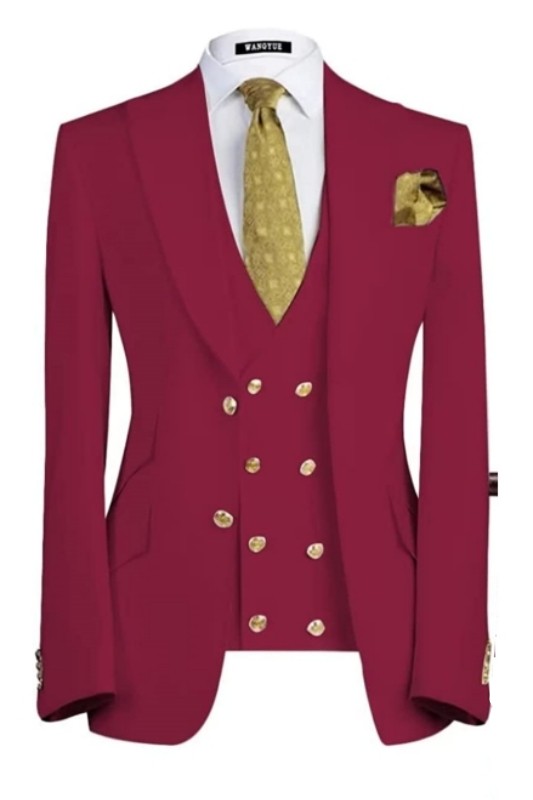 Modern Burgundy Three Pieces Peaked Lapel Prom Suits-BMbridal