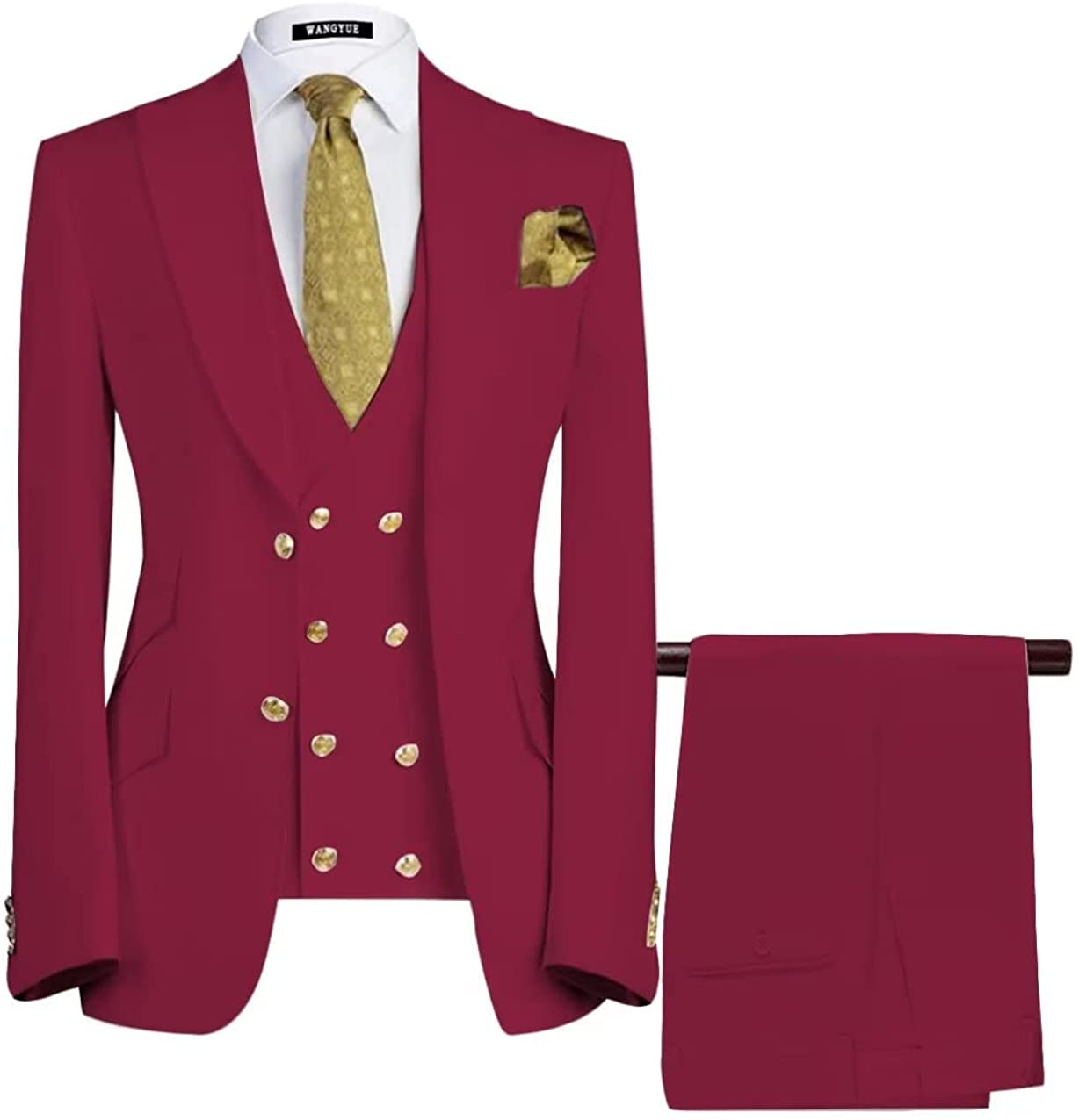 Modern Burgundy Three Pieces Peaked Lapel Prom Suits-BMbridal