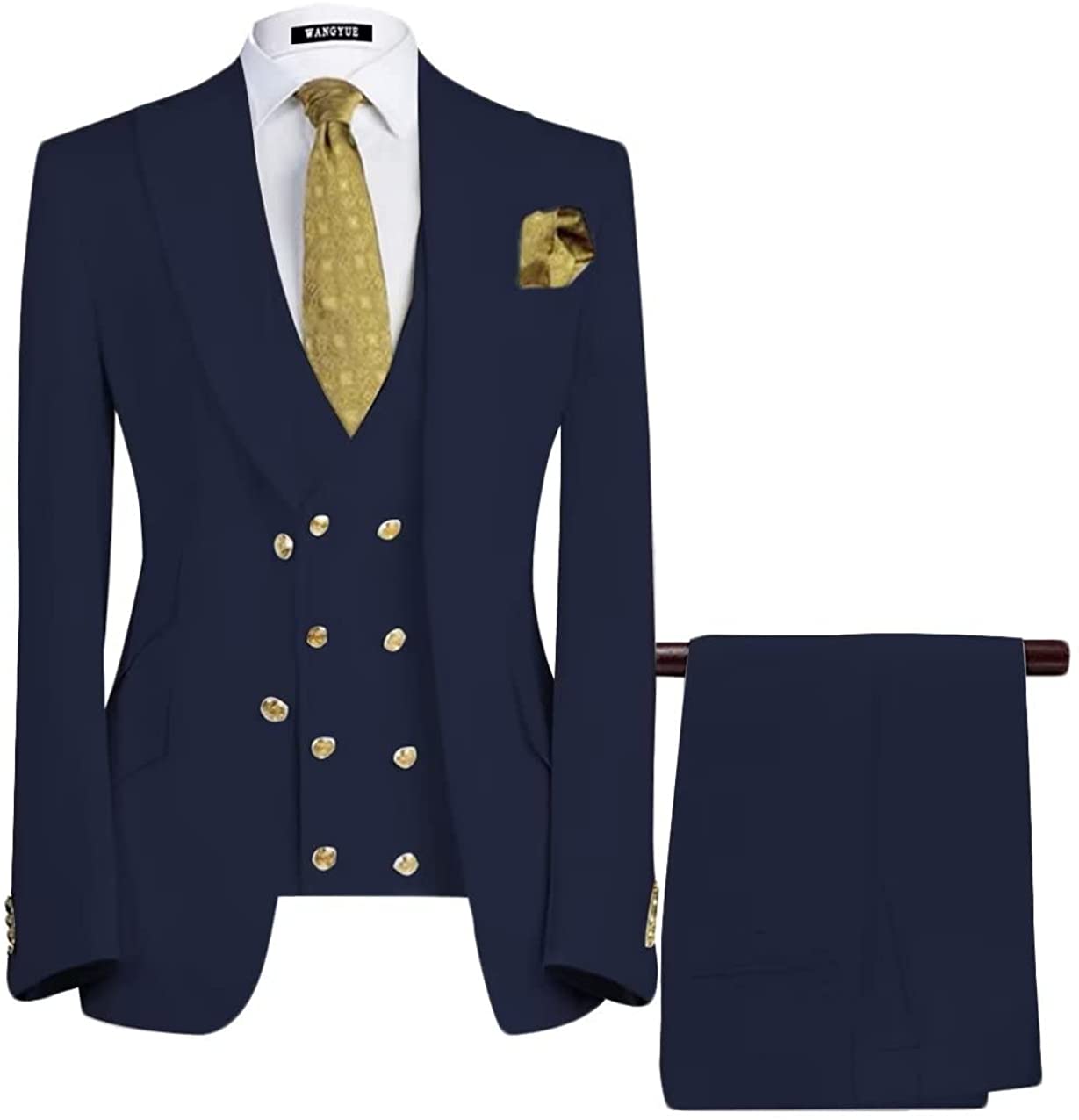 Bespoke Navy Blue Three Pieces Peaked Lapel Business Men Suits-BMbridal