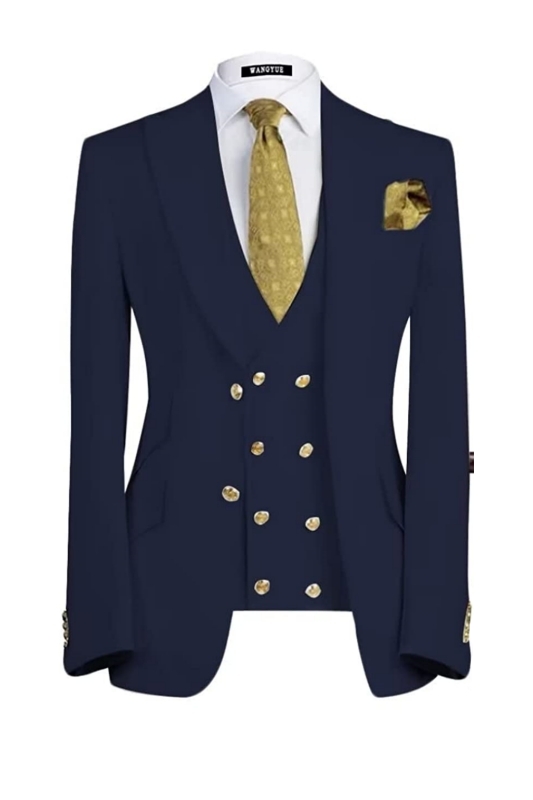 Bespoke Navy Blue Three Pieces Peaked Lapel Business Men Suits-BMbridal