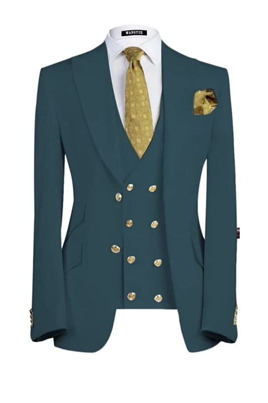 Formal Teal Peaked Lapel Three Pieces Men Suits For Business-BMbridal