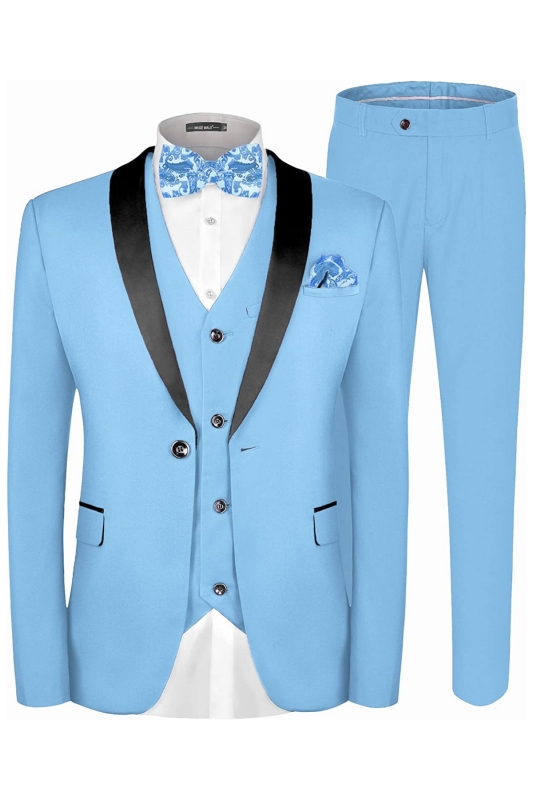 Fancy Sky Blue Three Pieces Shawl Lapel Wedding Suits For Men-BMbridal
