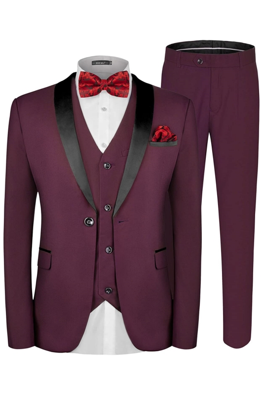 Modern Burgundy Shawl Lapel Three Pieces Wedding Suits-BMbridal