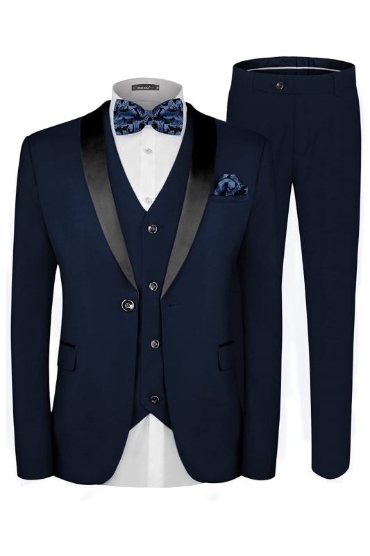Chic Deep Blue Shawl Lapel Three Pieces Wedding Suits For Men-BMbridal