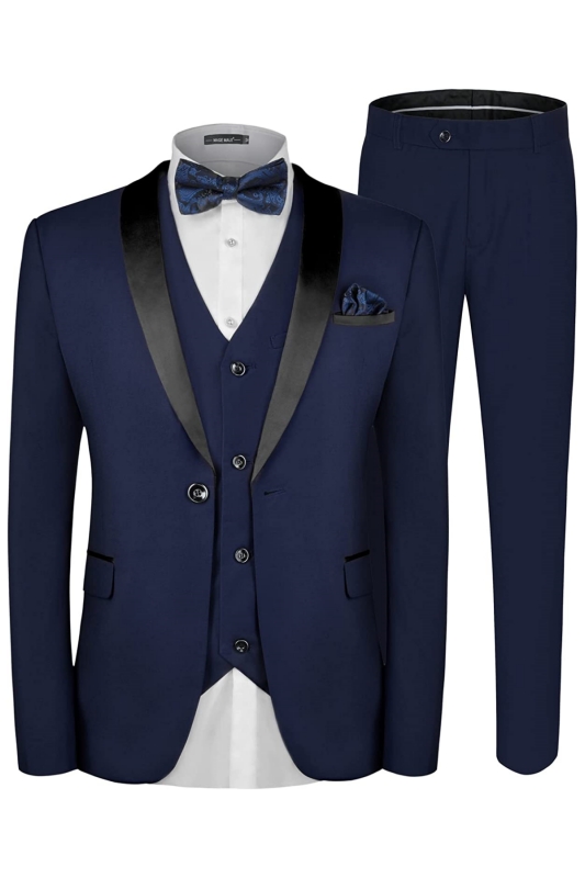 Fancy Navy Blue Three Pieces Shawl Lapel Men Suits For Wedding-BMbridal