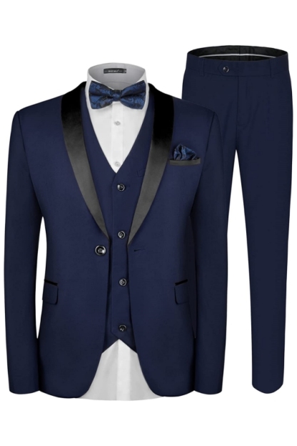 Fancy Navy Blue Three Pieces Shawl Lapel Men Suits For Wedding-BMbridal