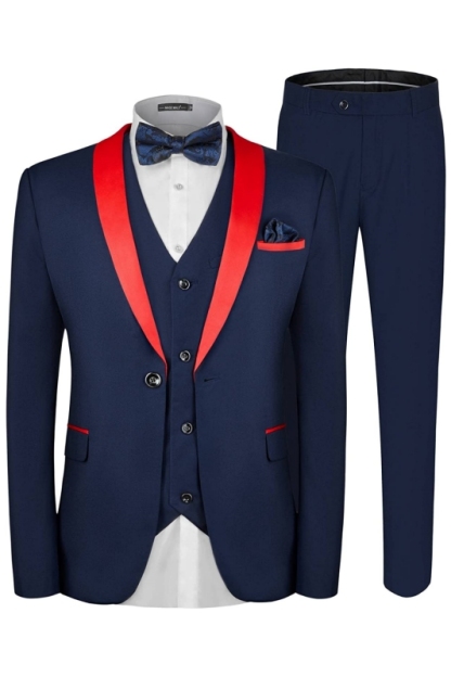 Fancy Navy Blue Three Pieces Wedding Suits With Red Shawl Lapel-BMbridal