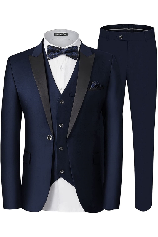 Formal Navy Blue Three Pieces Peaked Laple Business Suits For Men-BMbridal