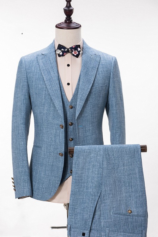 Arrival Blue Linen Three Pieces Notched Lapel Prom Suit-BMbridal