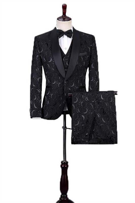 Newest Black Jacquard Three Pieces Shawl Lapel Wedding Suits-BMbridal