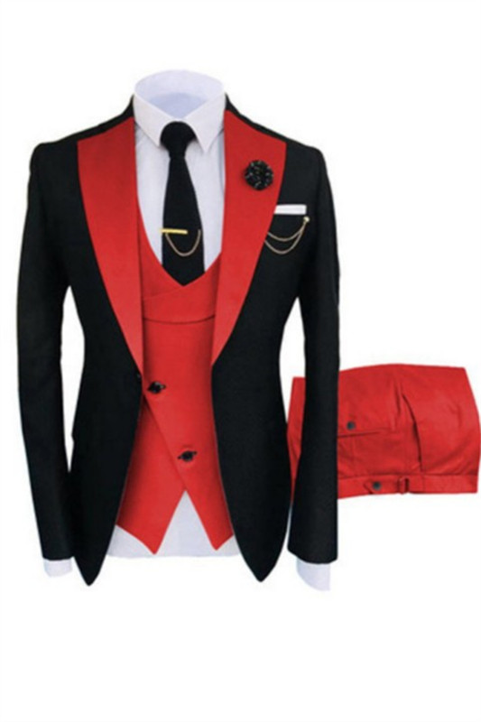 Black Three Pieces Fashion Slim Fit Prom Suits with Red Shawl Lapel-BMbridal