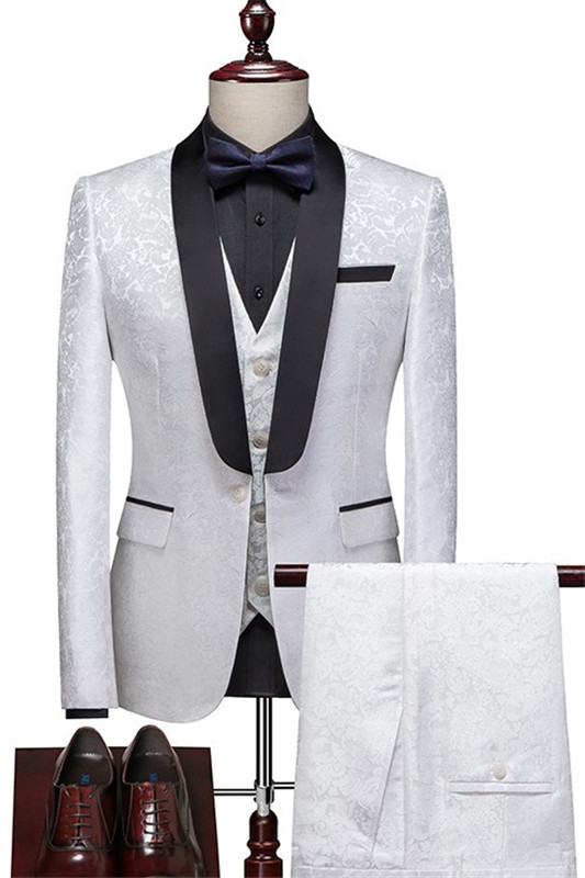 White Jacquard Three Pieces Close Fitting Wedding Suit-BMbridal