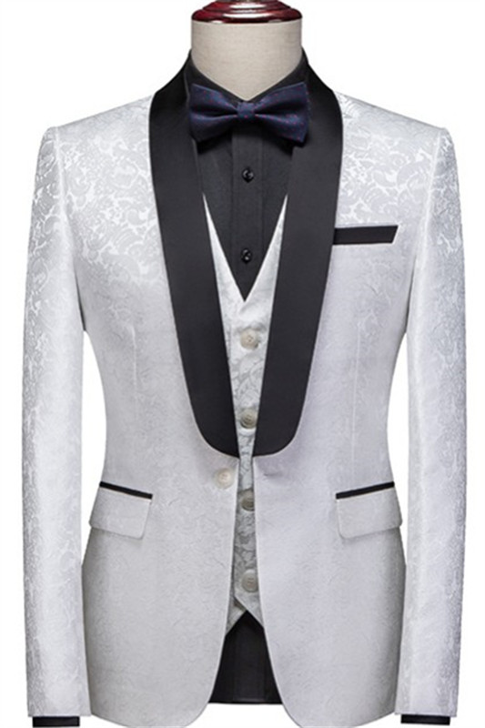 White Jacquard Three Pieces Close Fitting Wedding Suit-BMbridal