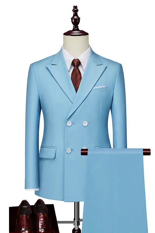Sky Blue Two Pieces Peaked Lapel Double Breasted Prom Suits For Men-BMbridal