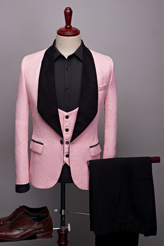 Candy Pink Jacquard One Button Three Pieces Wedding Suits with Black Shawl Lapel-BMbridal