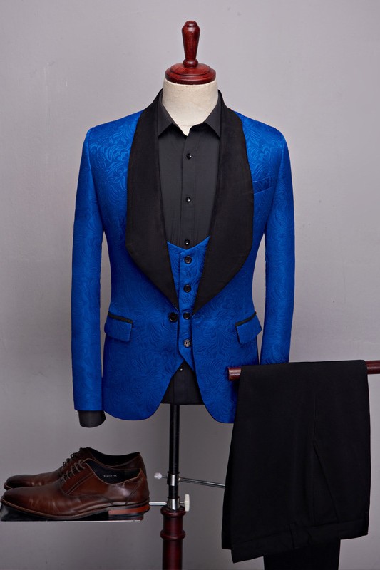 Royal Blue Jacquard One Button Three Pieces Wedding Suits with Black Shawl Lapel-BMbridal