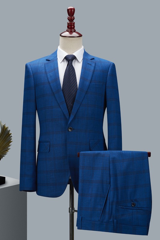Deep Blue Plaid Notched Lapel Two Pieces Business Men Suits-BMbridal
