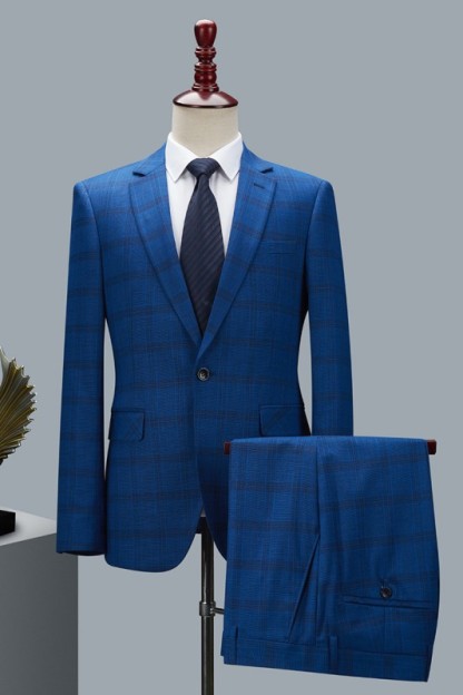 Deep Blue Plaid Notched Lapel Two Pieces Business Men Suits-BMbridal