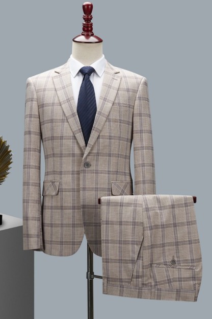 Beige Plaid Two Pieces Notched Lapel Men Suits For Business-BMbridal