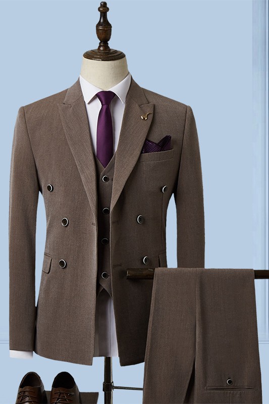 Taupe Brown Single Breasted Three Pieces Peaked Lapel Business Suits-BMbridal