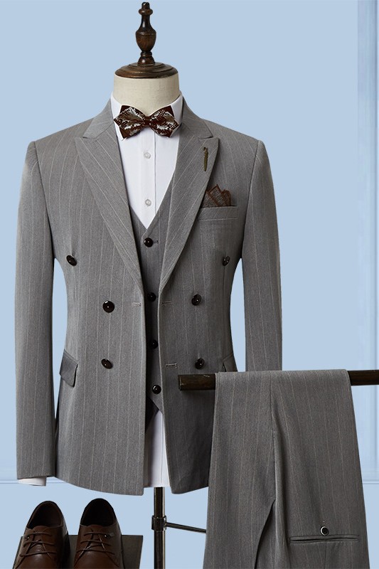Gray Striped Peaked Lapel Three Pieces Single Breasted Business Suits for Men-BMbridal