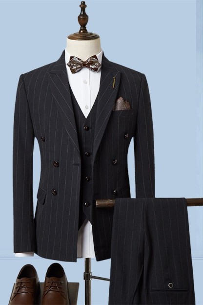 Arrival Black Striped Peaked Lapel Three Pieces Single Breasted Business Suits-BMbridal