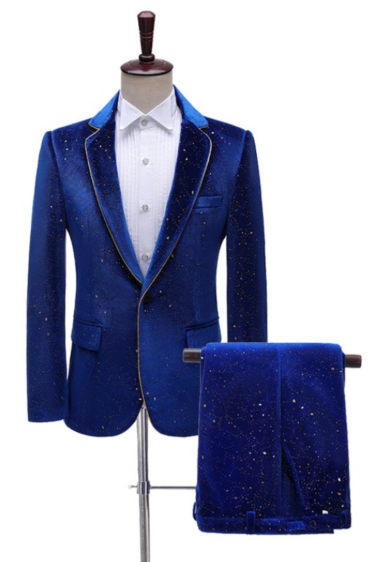 Royal Blue Velvet Two Pieces Notched Lapel Prom Suits with Gold Sequins-BMbridal