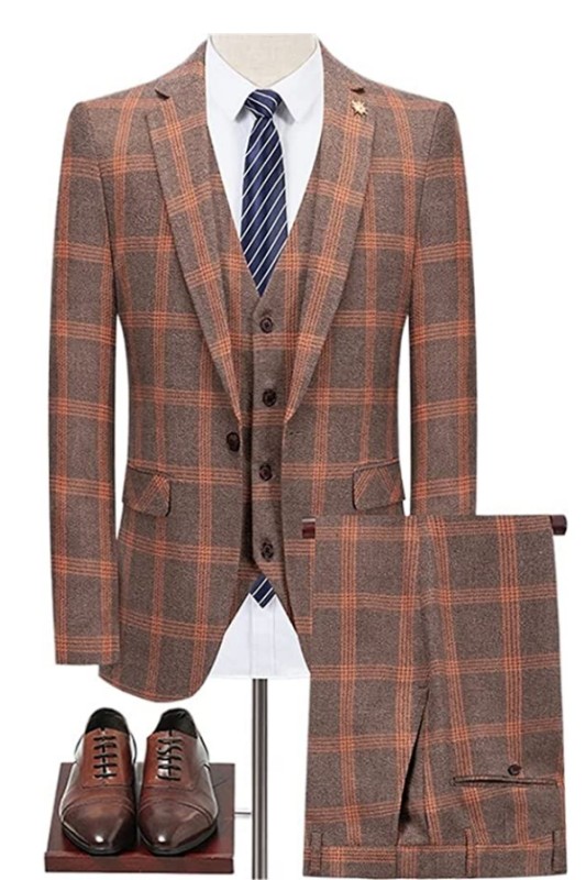 Deep Gray with Reddish Brown Plaid Slim Fit Business Suits For Men-BMbridal