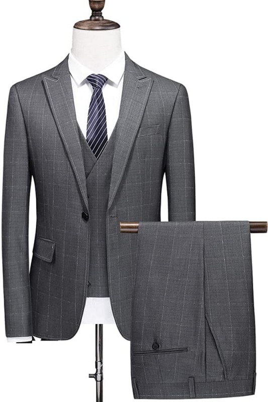 Black Plaid Peaked Lapel Three Pieces Men Suits for Business-BMbridal