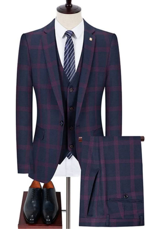 Navy Blue Three Pieces Men Suits for Business with Purple Plaid-BMbridal
