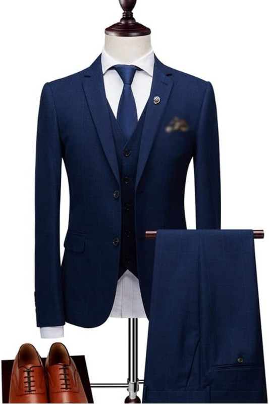 Formal Navy Blue Three Pieces Notched Lapel Men Suits For Business-BMbridal