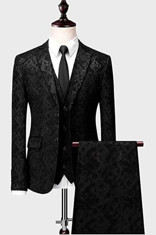 Black Jacquard Three Pieces Notched Prom Suits For Men-BMbridal