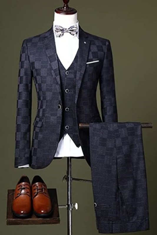 Dark Blue Plaid Three Pieces One Button Men Business Suits-BMbridal