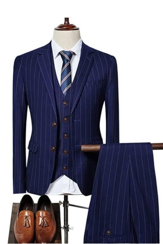 Bespoke Navy Blue Striped Three Pieces Business Men Suits-BMbridal