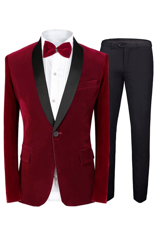 Fashion Red Shawl Lapel Slim Fit Velvet Wedding Suits For Men
