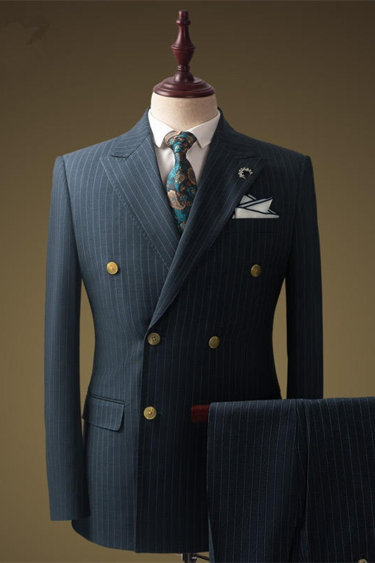 Formal Dusty Blue Double Breasted Peaked Lapel Business Men Suist-BMbridal