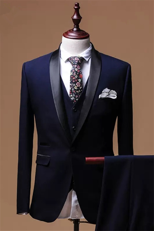 Fancy Navy Blue Shawl Lapel Three Pieces Men Suits For Wedding-BMbridal